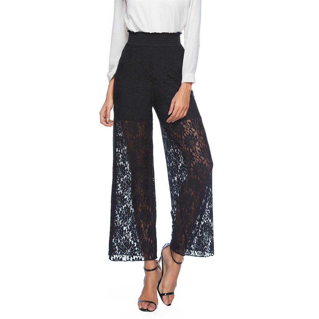 Wide Leg Pants For Women Summer Elastic High Waist Loose Hollow Hook Flower Lace Beach