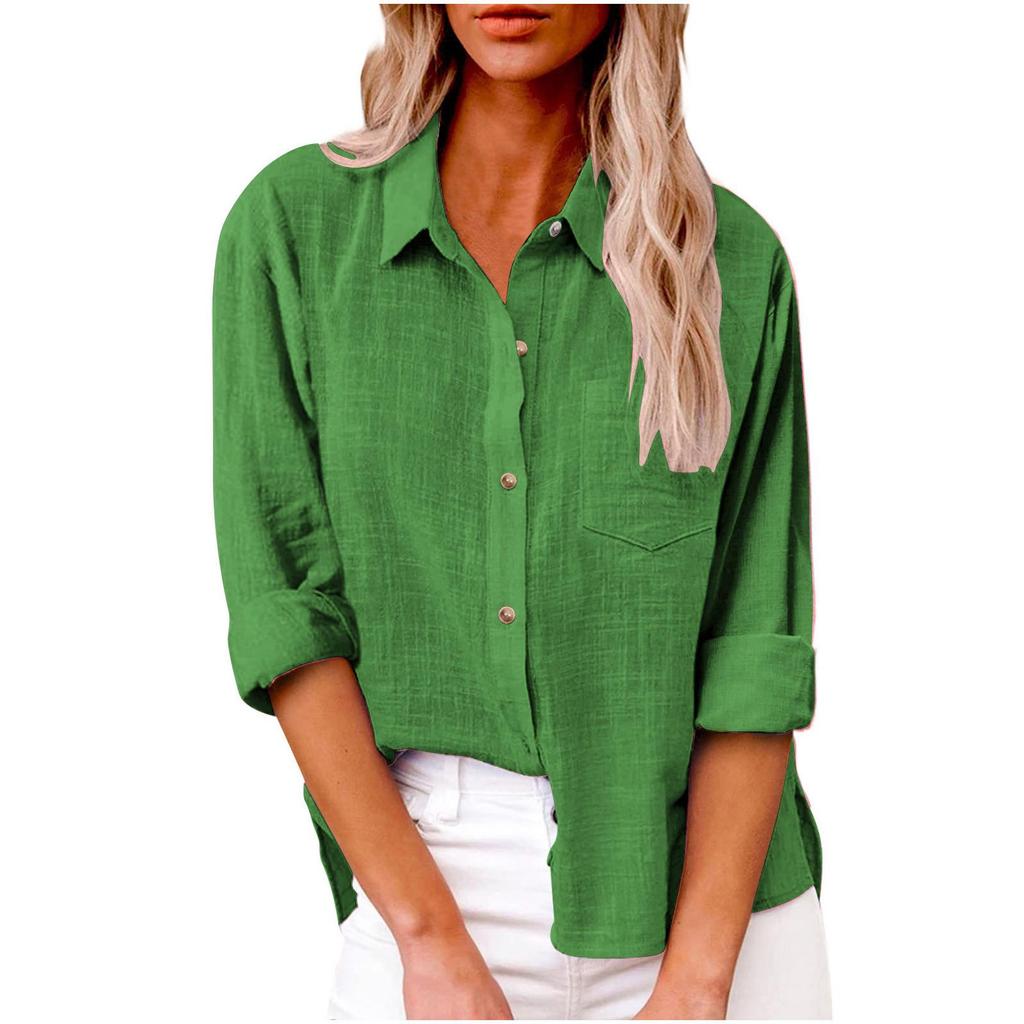 Autumn 2025 Women's Loose Fit Button-Up Cotton Linen Long Sleeve Top with Plain Color and Lapel