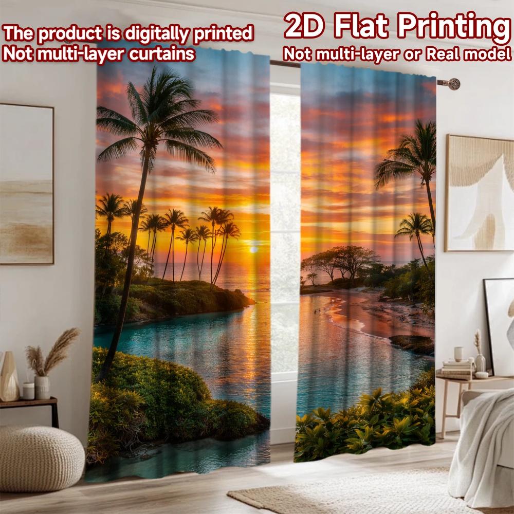2D flat printing 2pcs Curtain Window Drapes Tropical Sunset Lagoon Digital Printed Polyester Drapes Festive Wall Decor for Home