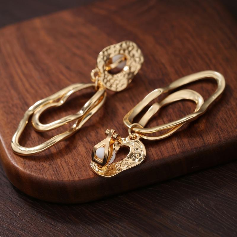 Vintage Modern Elegant Women's Long Dangle Earrings, Clips with Minimalist Retro Design Textured Finish Everyday & Party Jewelry