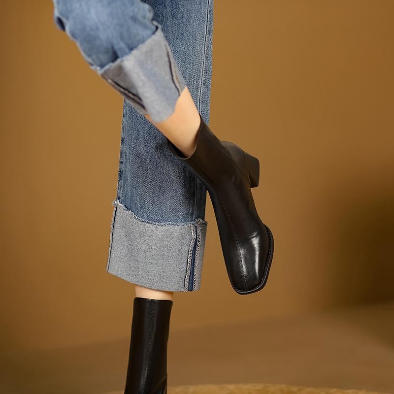 Fashion Women's New Autumn/Winter Square Headed Genuine Cowhide High Heel Zipper Size Retro Chelsea Calf Short Boots