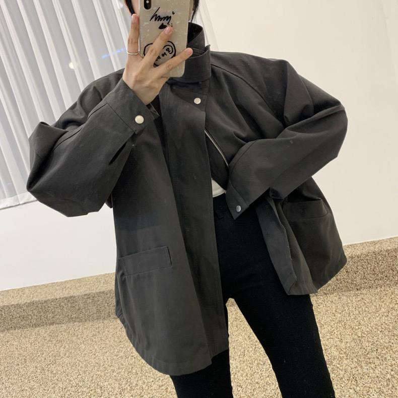Korean chic autumn niche retro stand-up collar cape design big pocket loose versatile long-sleeved trench coat women