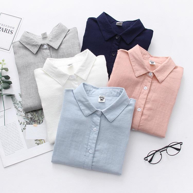 Pure Cotton Pointed Collar Long Sleeve Double Gauze Women's Shirt - Versatile Spring/Autumn Style