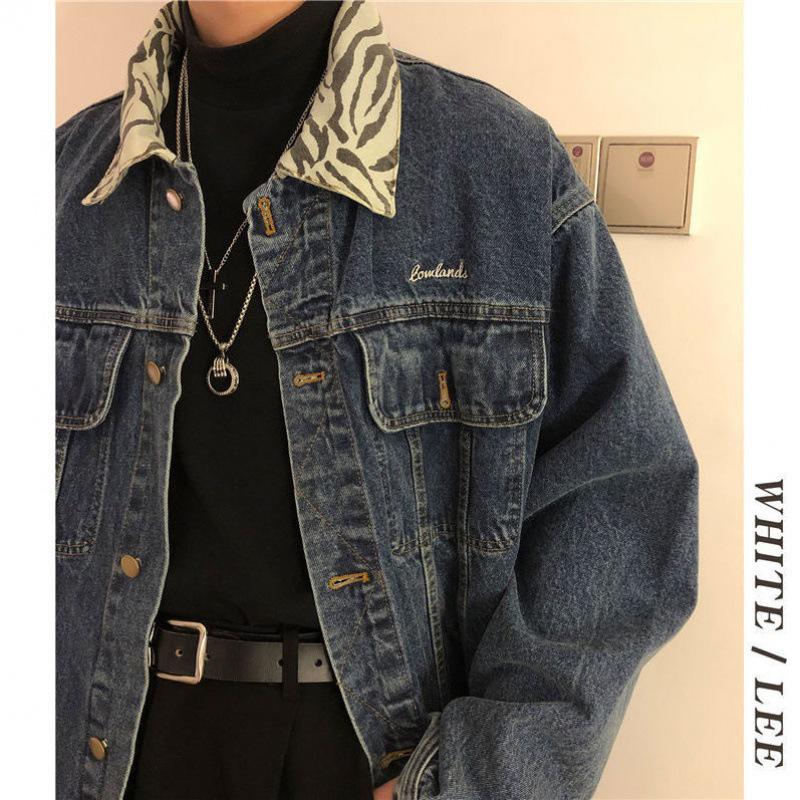 

Spring & Autumn Korean-Style Striped Collar Denim Jacket for Men - Hong Kong Chic Embroidered Loose Fit L