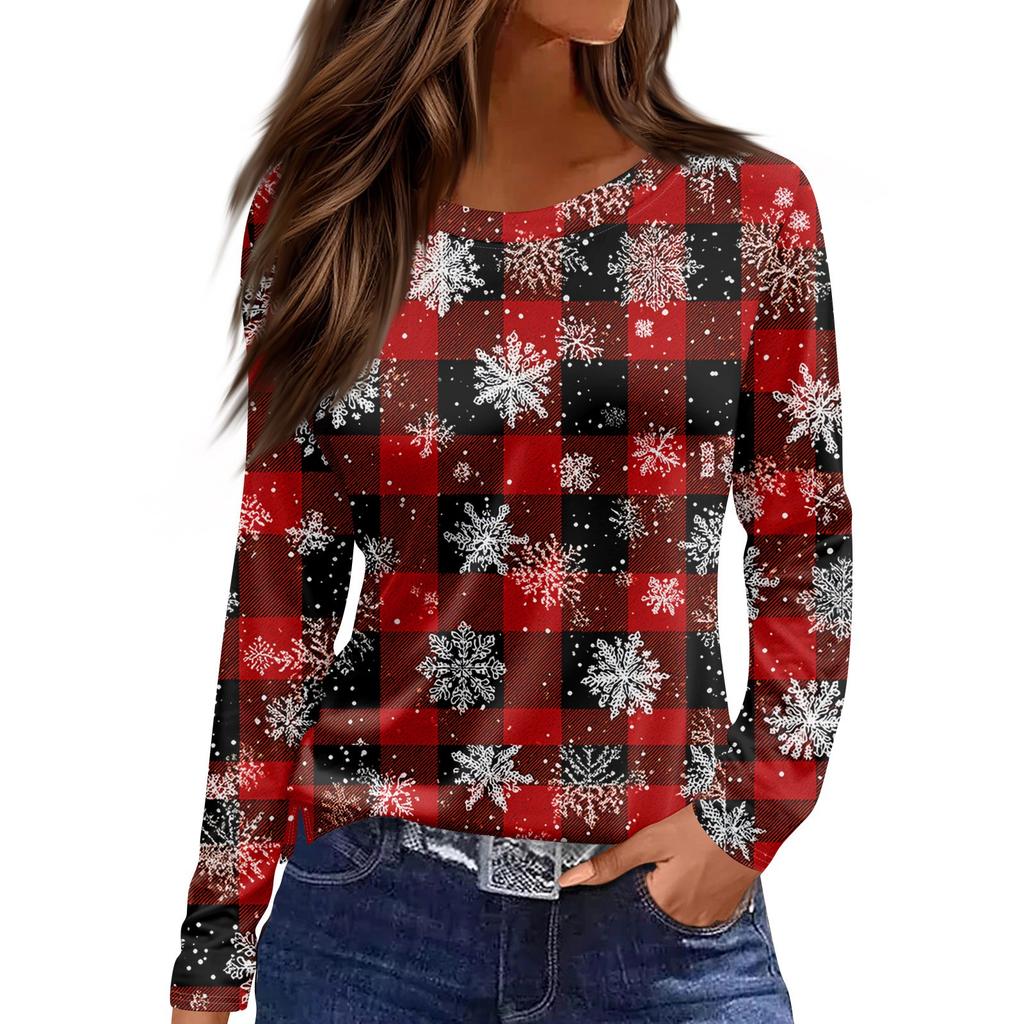 Women's Fashion Casual Slit Hem Round Neck Long Sleeve Loose Printed T-Shirt Ladies Top