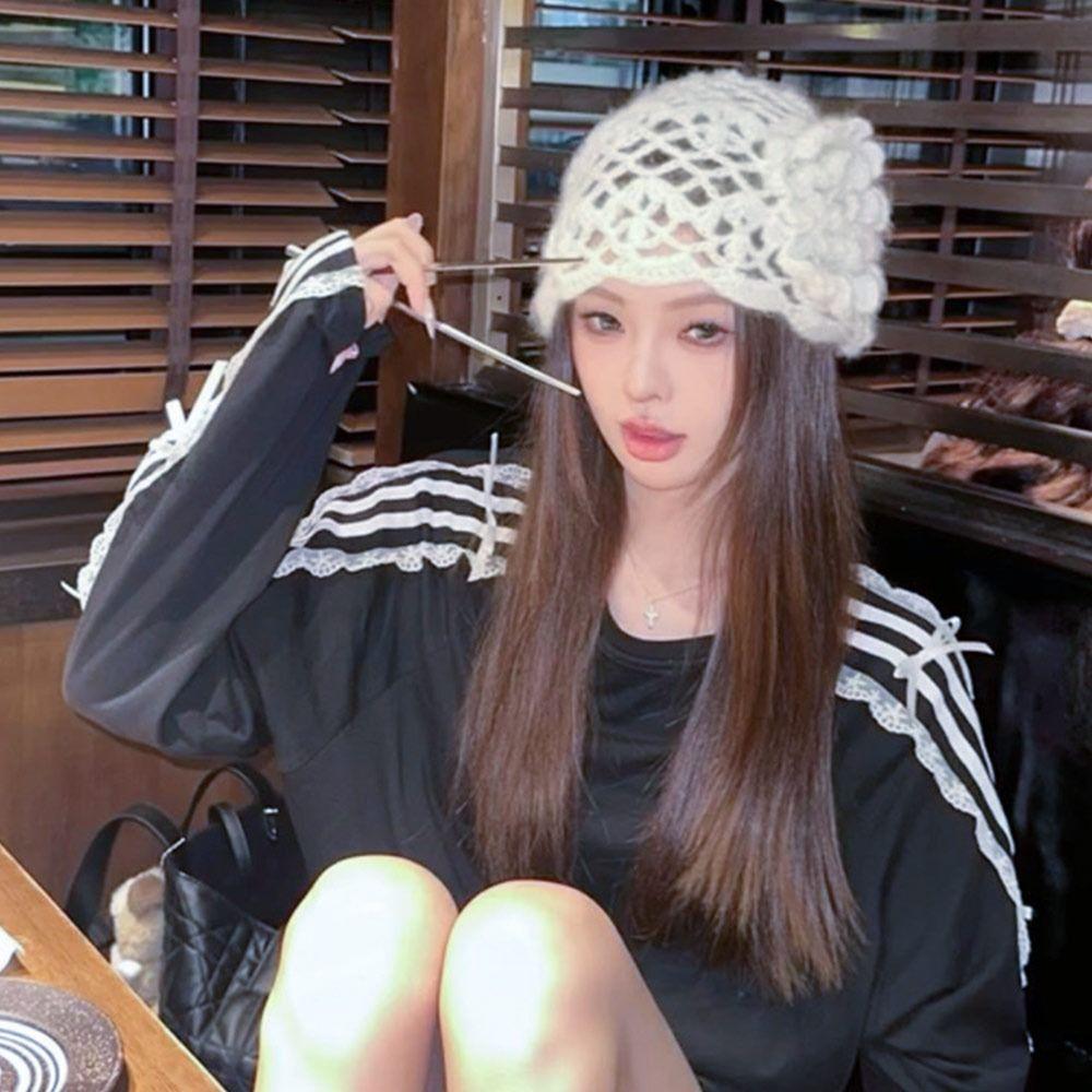 

Повсякденна в язана шапка з квітами і беретом, дихаюча жіноча шапка Skullies чорний