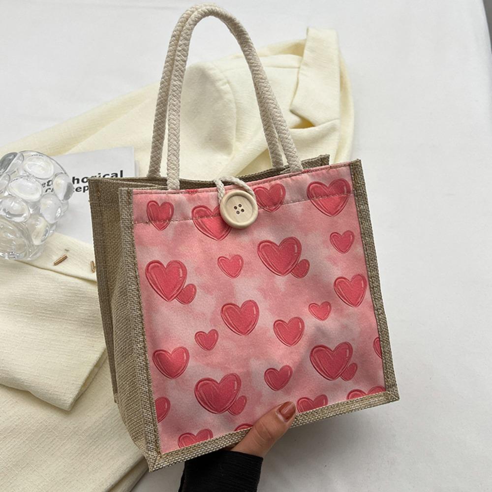 Button Flower Linen Bag Large Capacity Linen Handbag Portable Love Heart Tote Bag  Beach