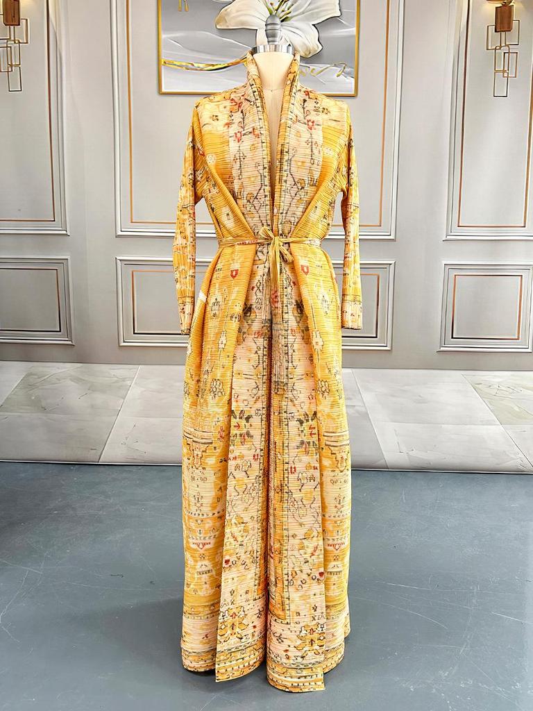 Women's Issey Miyake Pleated Print Cardigan Abaya - Long, Plus Size Arab Robe