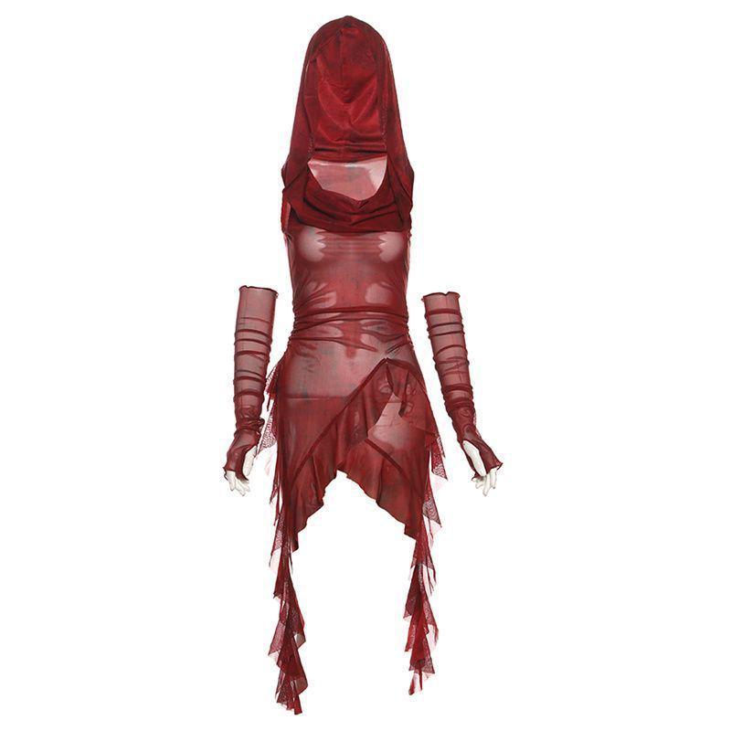 2025 Halloween Red Cowl Neck Hooded Ruffle T-shirt for Women