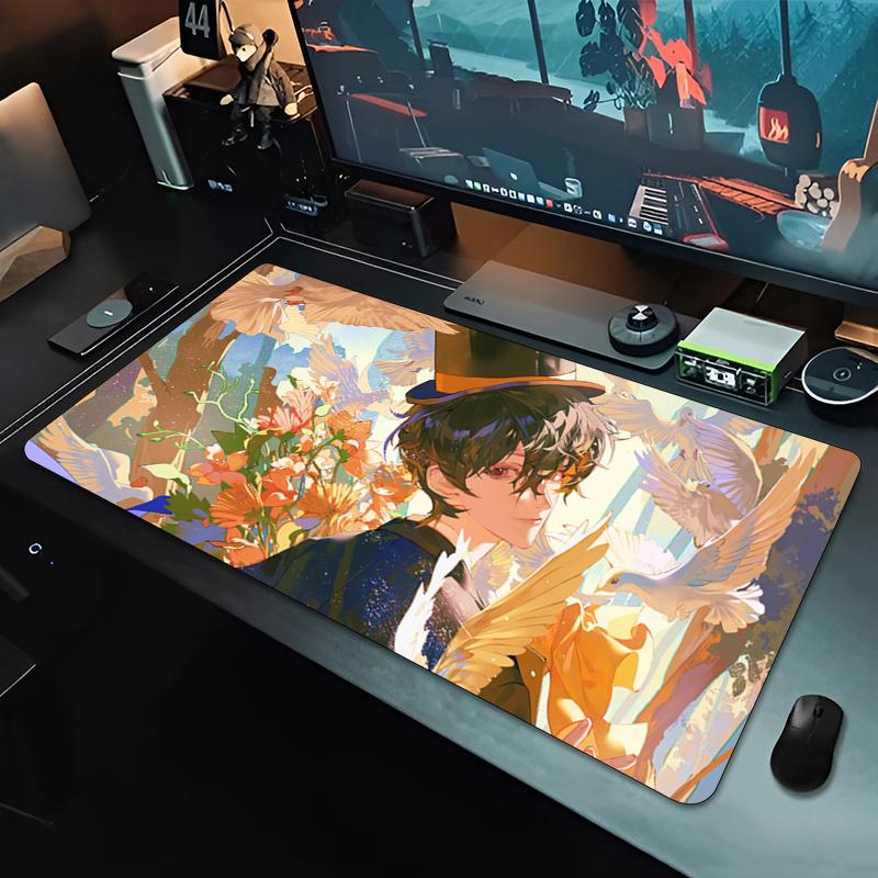 Gaming Mouse PadLarge Desk MatAntislip BaseStitched EdgesElegant SilverHaired Anime Guy Print for Gaming Office Desk Use