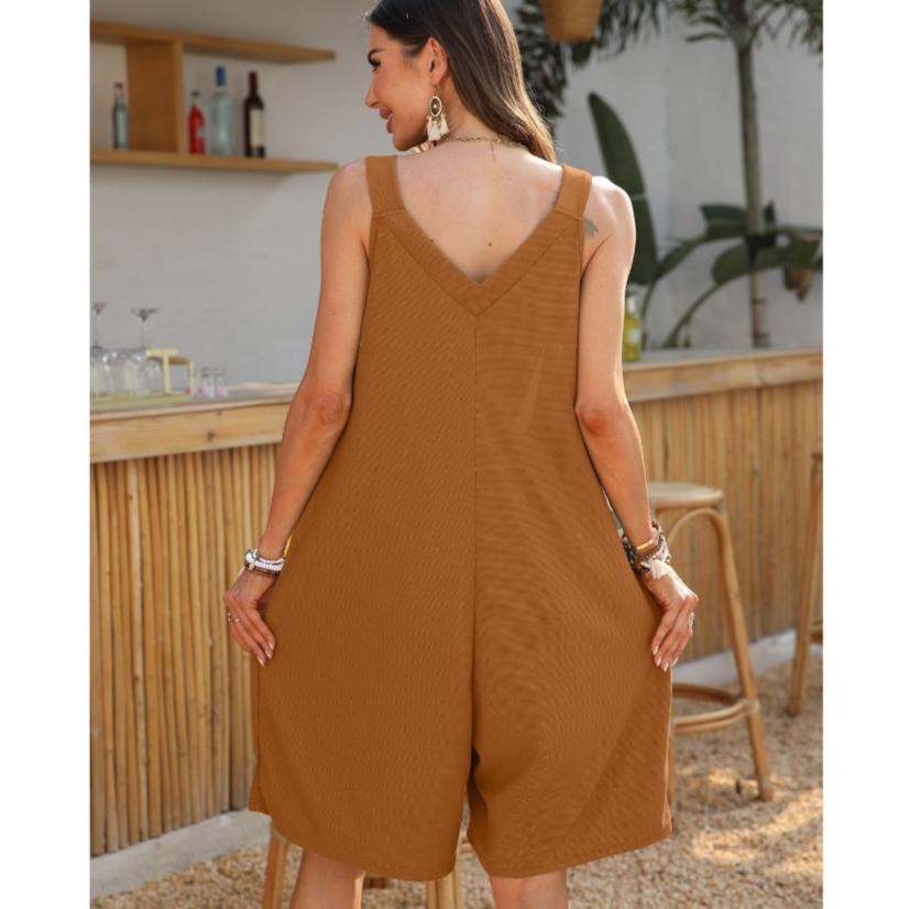 Summer New Solid Color V-neck Loose Pocket Sleeveless Jumpsuit