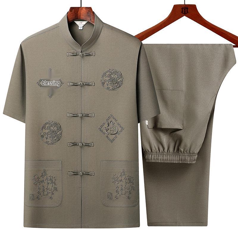 Men's Summer Short-Sleeved Shirt Set - Middle-Aged & Elderly Dad Tang Suit Style
