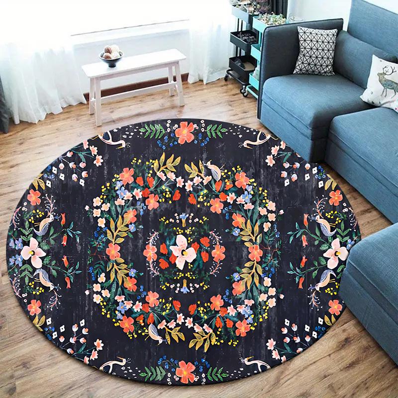 Retro-style Flowers Round Area Rug,Carpet Rug for Living Room Bedroom Sofa Playroom Decor,Non-slip Floor Mat