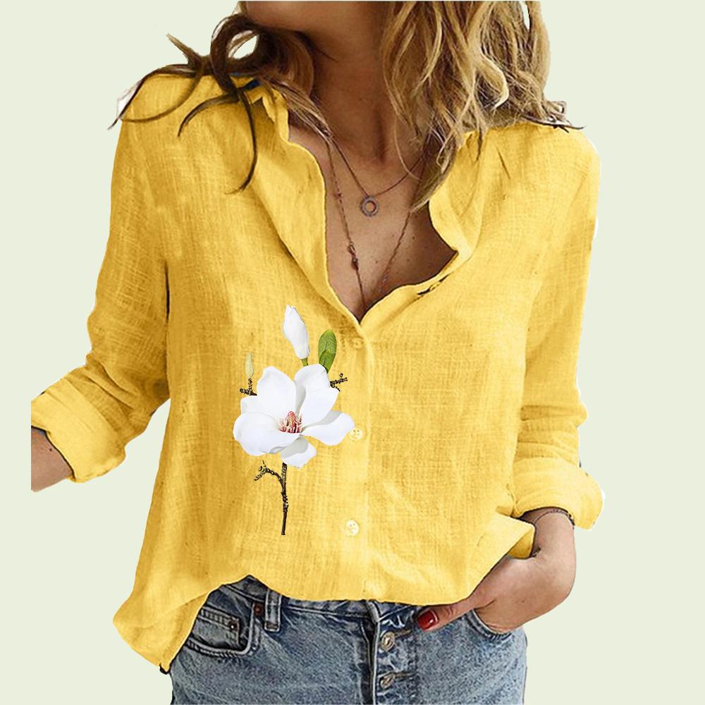 

Модная женская рубашка с цветочным принтом, летние и осенние повседневные льняные топы на пуговицах, женские блузки с длинными рукавами 5XL жёлтый