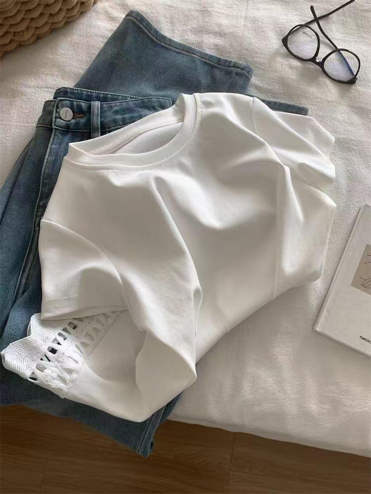 Elegant Floral Lace Patchwork Cotton T-shirt - White, Short Sleeve, Summer Style