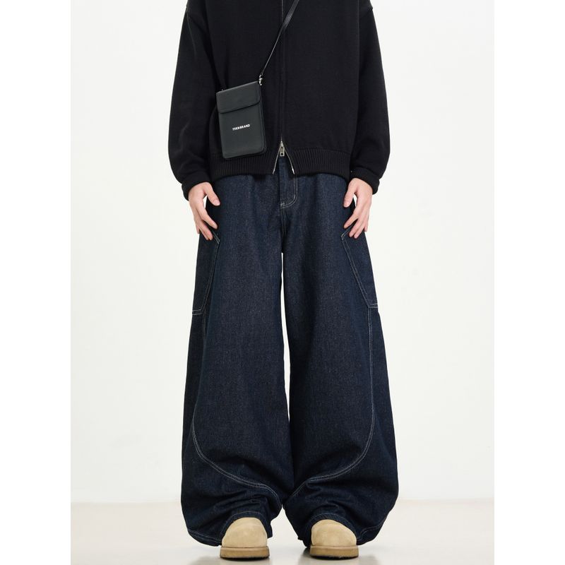 Kisko American Retro Deconstructed Design Wide-Leg Scimitar Jeans for Men and Women, Distressed Loose Straight Casual Pants