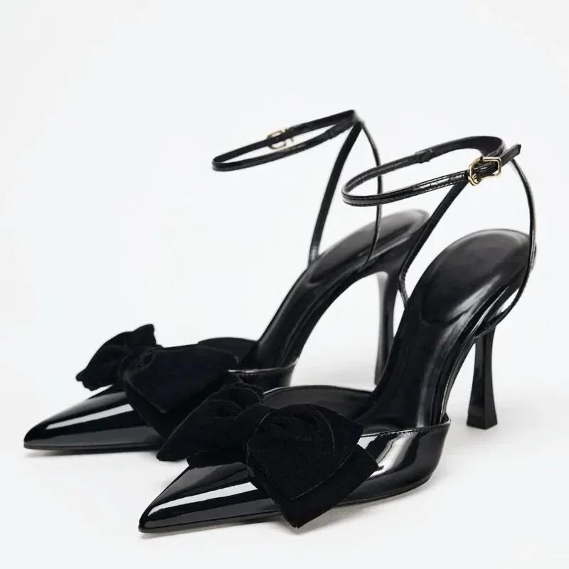 Fashion Elegant Bow Designer Black High Heels Women Sexy Pointed Toe Patent Leather Ankle Strap Thin Heeled Sandals Party Dress Shoes