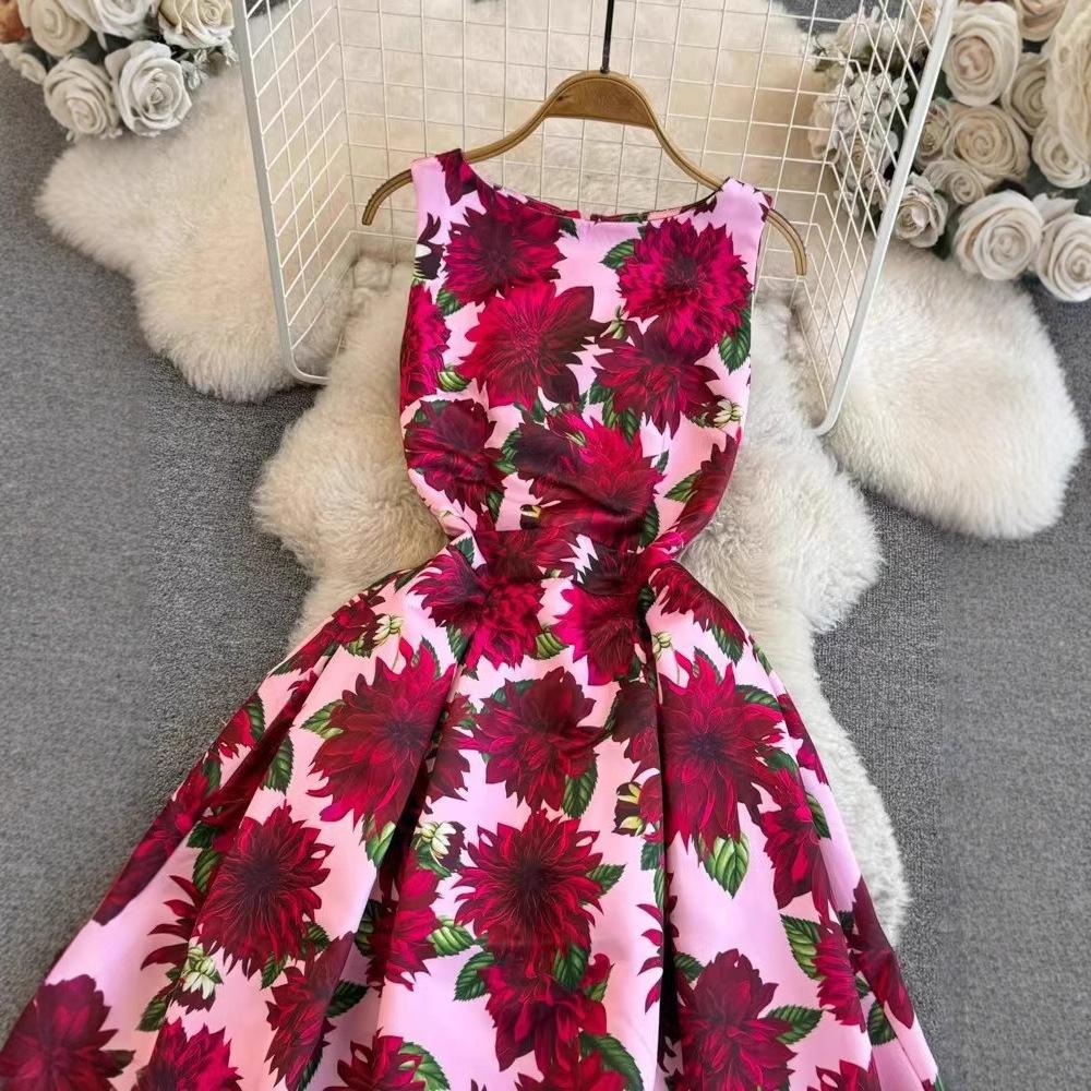 1011 Light Luxury Vintage Elegant Sleeveless Round Neck Waist-Cinching 3D Cut Dress Elegant Long Dress