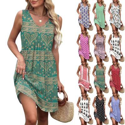 Rochii de vară pentru femei, cu gât în V, casual, stil de vacanță la plajă, cu imprimeu vintage, fără mâneci, cu aplicații