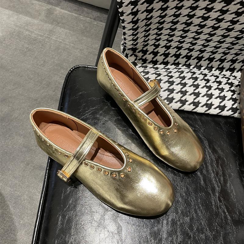 Spring and Summer Metal Rivet Mary Jane Single Shoes Women's Leather Round Head Flat Bottom One Word with Retro Ballet Shoes