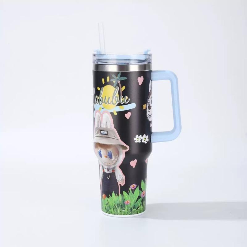 Cartoon pattern Labubu 40oz car cup 304 stainless steel thermos cup Labubu car straw Bingba cup