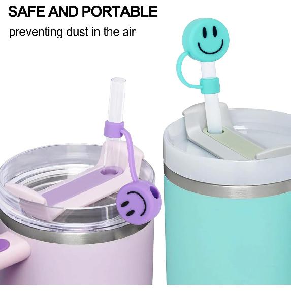 Whaline 4Pcs Smile Face Straw Cover Cap Pink Purple Mint Green Silicone Drinking Straw Topper 10mm 30&40 Oz Reble Straws Covers Double Sided Tumbler