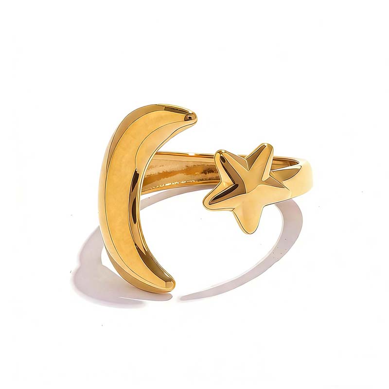 Stainless Steel Gold Color Star Moon Open Rings For Women Minimalist Metal Two Tone Adjustable Finger Ring Jewelry Party Gift
