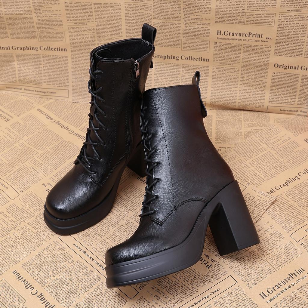 2025 Winter New Slimming Retro High-heeled Fashion Boots Women's Plus Size Thick Heel Side Zipper British Style Booties