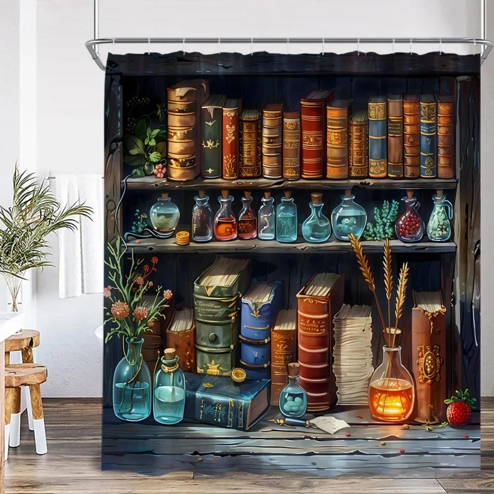 

Волшебник Магия Хэллоуин Занавеска для душа Магическая книжная полка Аптека Ведьмина комната Астрология Украшение для ванной комнаты Занавеска для душа W120xH180cm