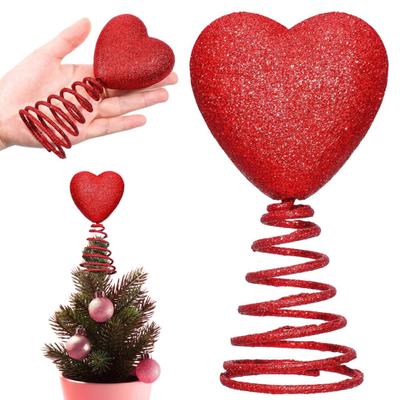 Red Heart Tree Topper with Coil Spring Bounce Effect Glittery Shiny Texture Romantic Holiday Decoration for Mini Trees Parties Home Decor And