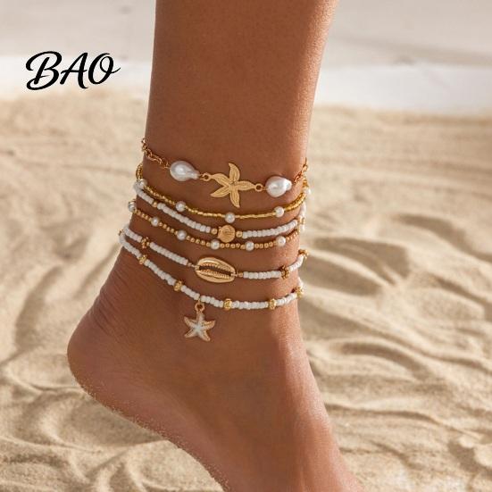 Imitation Pearl Anklet Beach for Women, Starfish Shell Fish Tail Pendant Boho Water-friendly Bracelet, Layered Faux Foot Chain Summer Vacation
