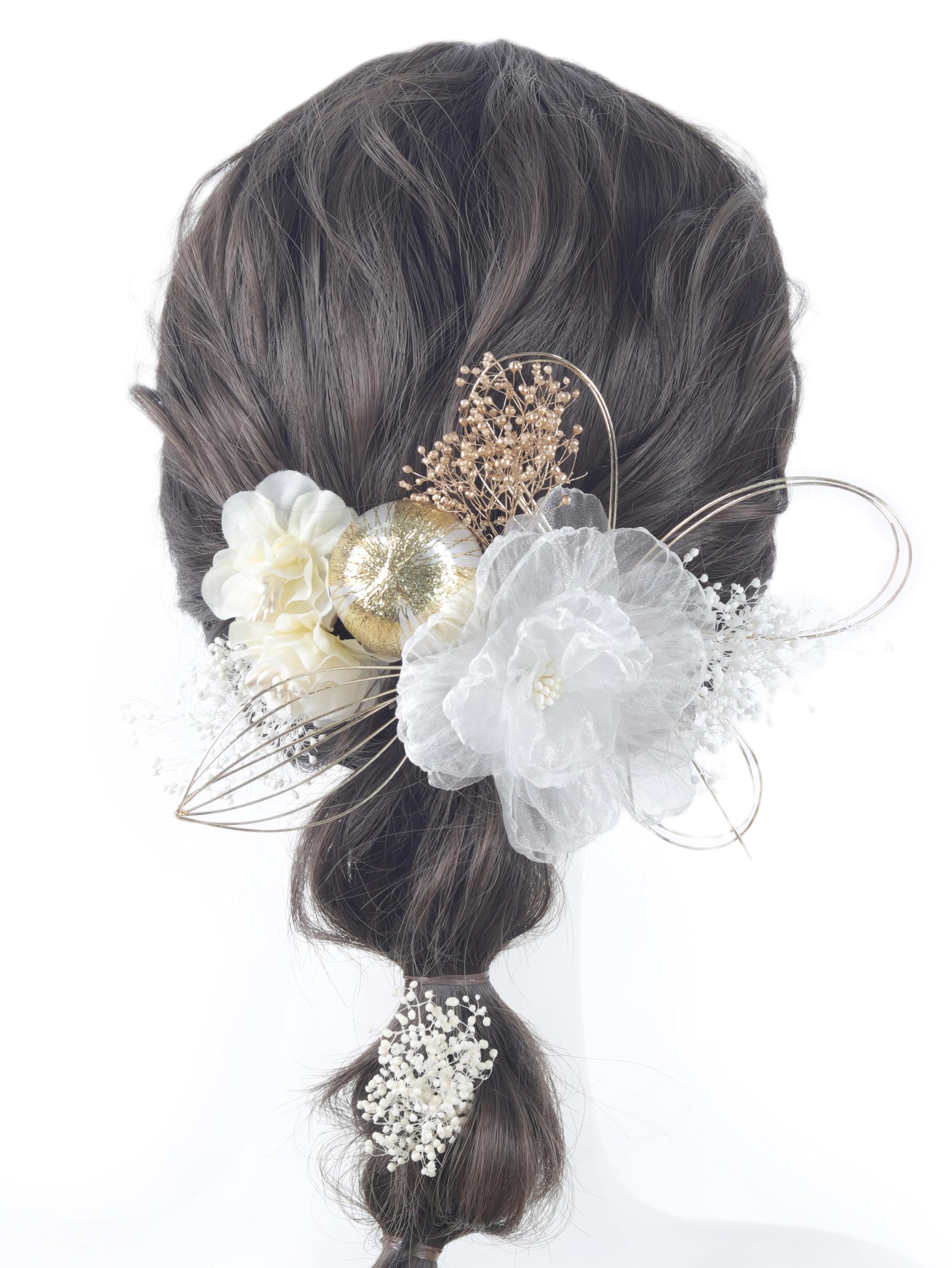[Handmade by NANA] Hair Ornament - Dahlia, Japanese Ball, Gold, Artificial Flowers, Baby s Breath, Hydrangea, Mizuhiki Leaves - Perfect for
