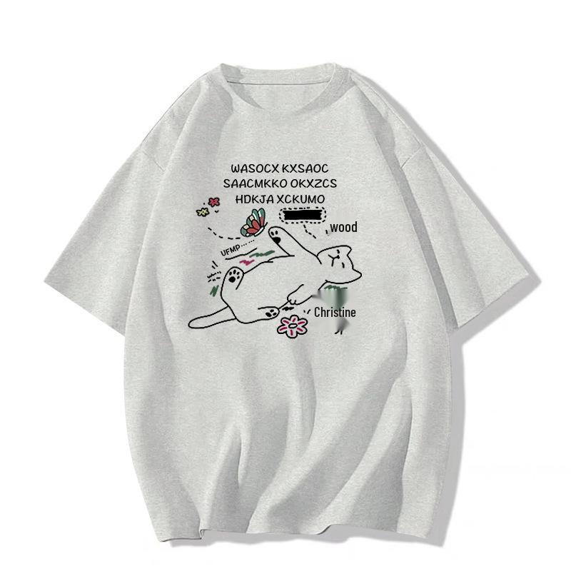 Women's Heather Gray Retro Short-Sleeve T-Shirt - 2025 Summer Loose Straight-Shoulder Design