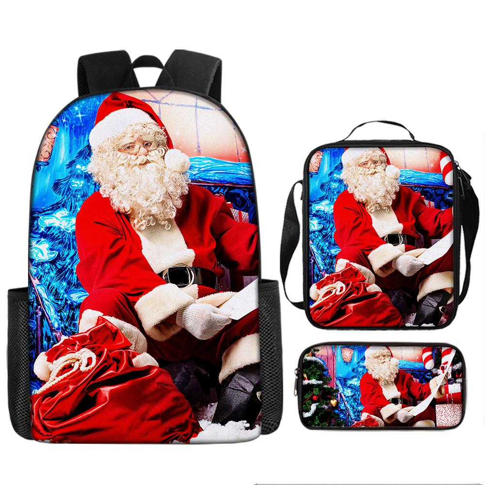 Santa Claus Christmas Tree Backpack Elementary School Bag Large Capacity Leisure Bag Lunch Bag Pencil Bag Three-piece Set
