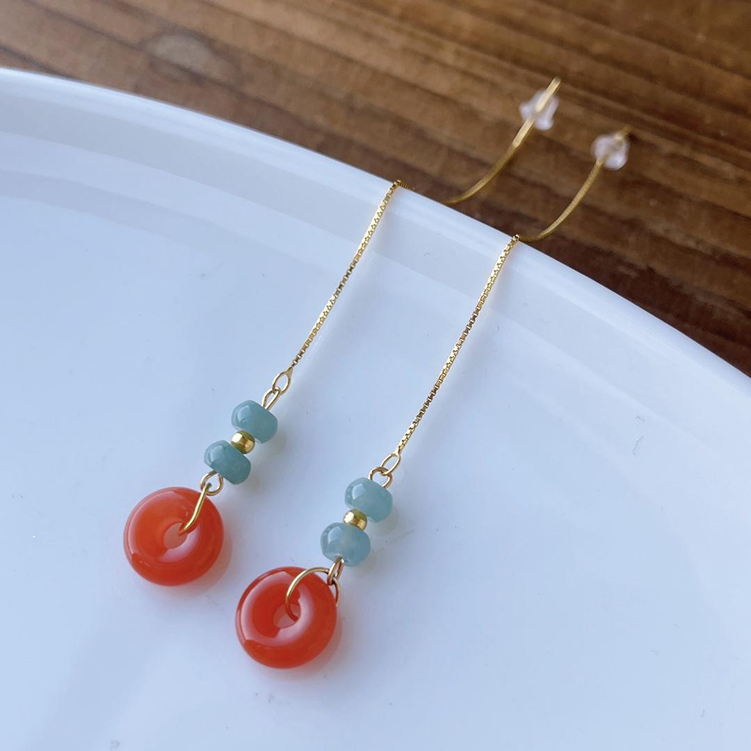 Natural NanHong Sweet Donut Gold-Plated 925 Silver Earrings with Jade Blue Water Abacus Beads - Chinese Style Design