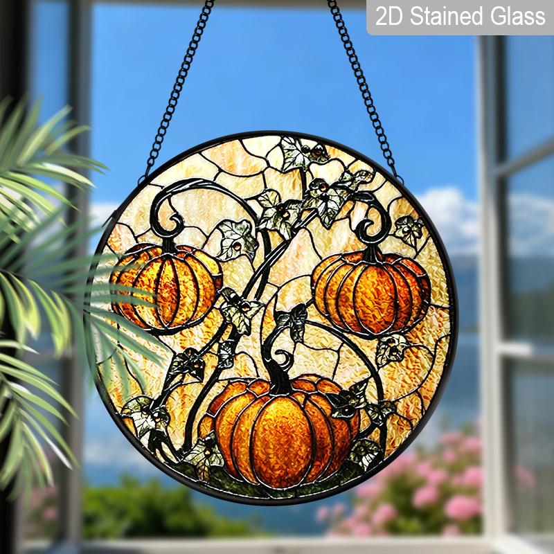 2D Vlak Glas-in-lood Herfst Pompoen Raamdecoratie, 6,3/7,87 Inch Kleurrijk Glasplaat met Ketting, Charmante Herfst Zonenvanger Huisdecoratie, Uniek