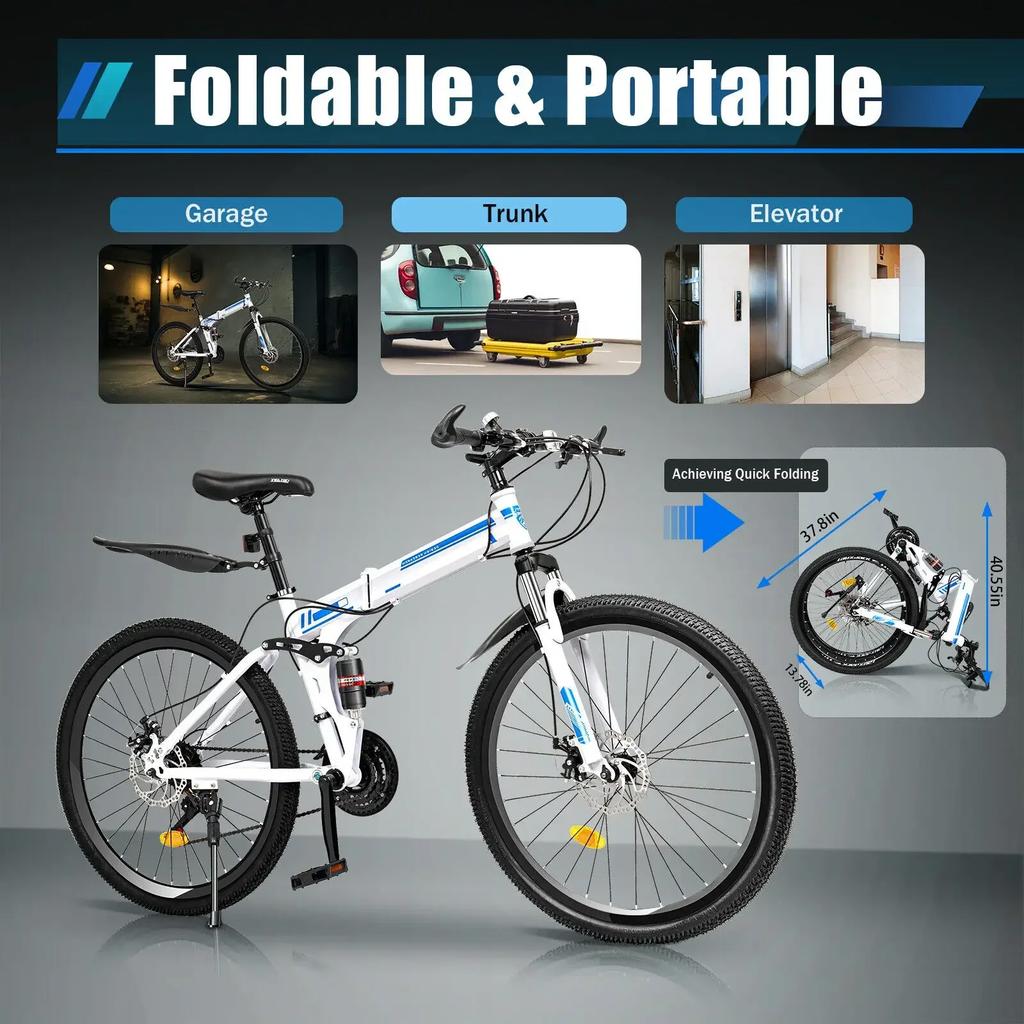 Bicicleta de Montaña Plegable 26" 21 Velocidades Frenos de Disco Doble MTB para Hombre para Viajar al Trabajo Deportes al Aire Libre
