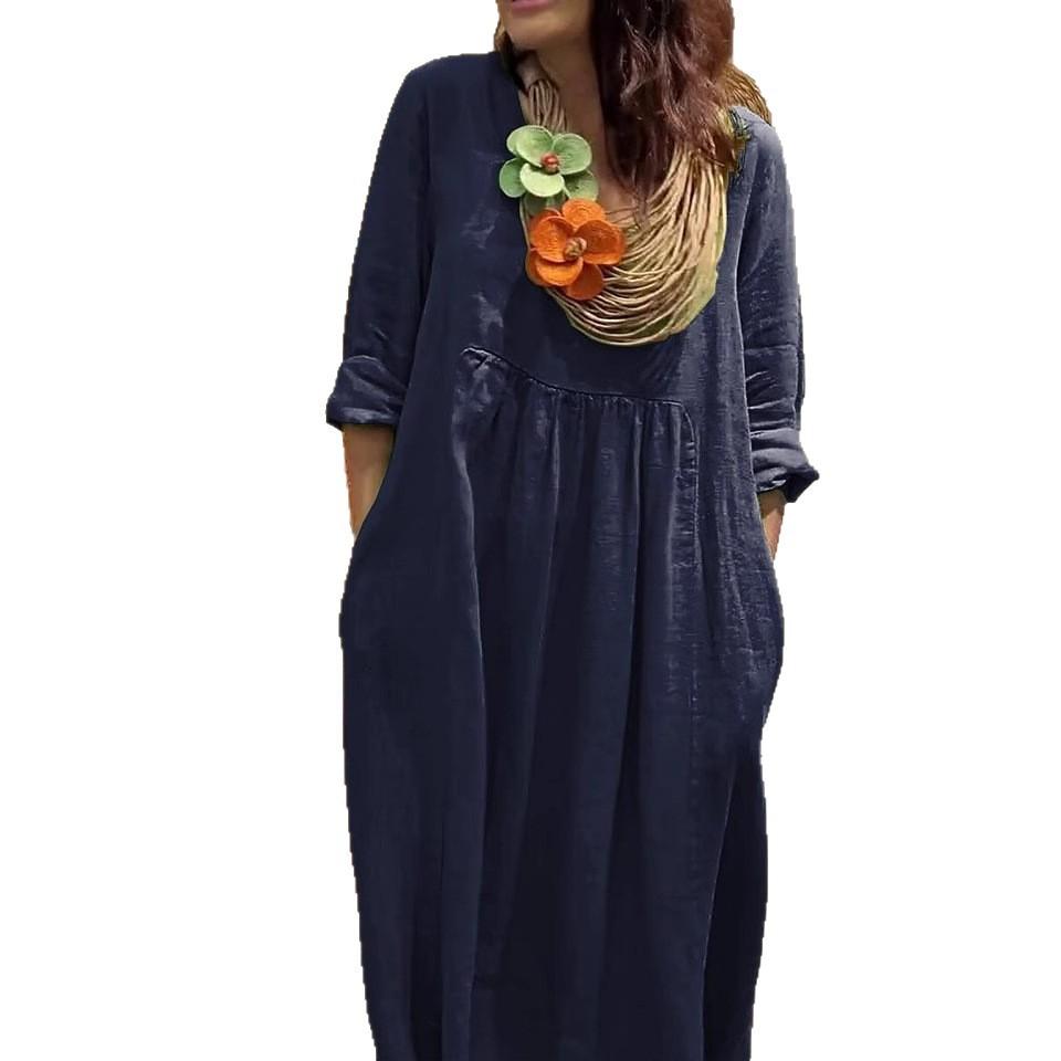 New Women'S V-Neck Casual Solid Color Cotton And Linen Dress