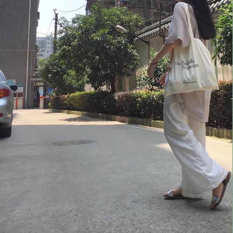 

South Korea Ins Style British Museum Letter Print Thin Cotton Grey Cloth Bag Simple All-matching Shoulder