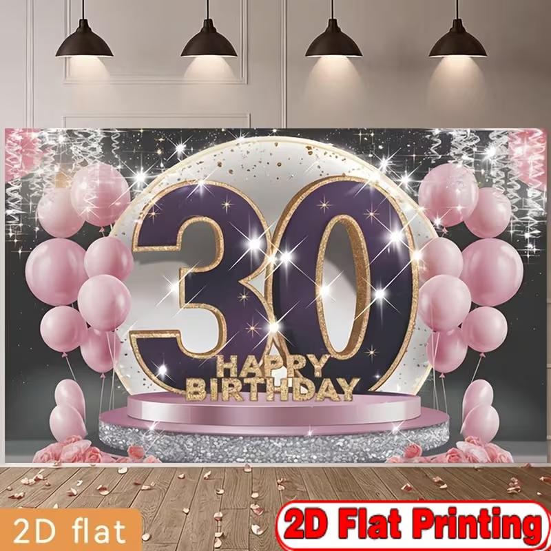 2D 30th Happy Birthday Photography Background, Purple Gold 30 Number Pink Balloon Party Decor Banner