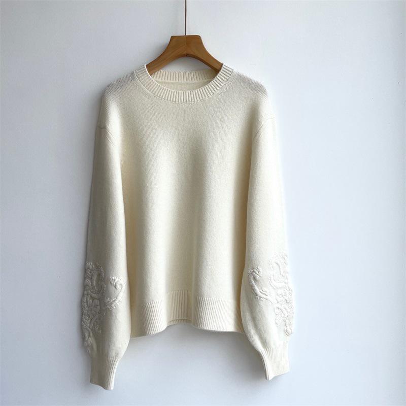 LP Simple Solid Color Cashmere Pullover with Embossed Floral Sleeves
