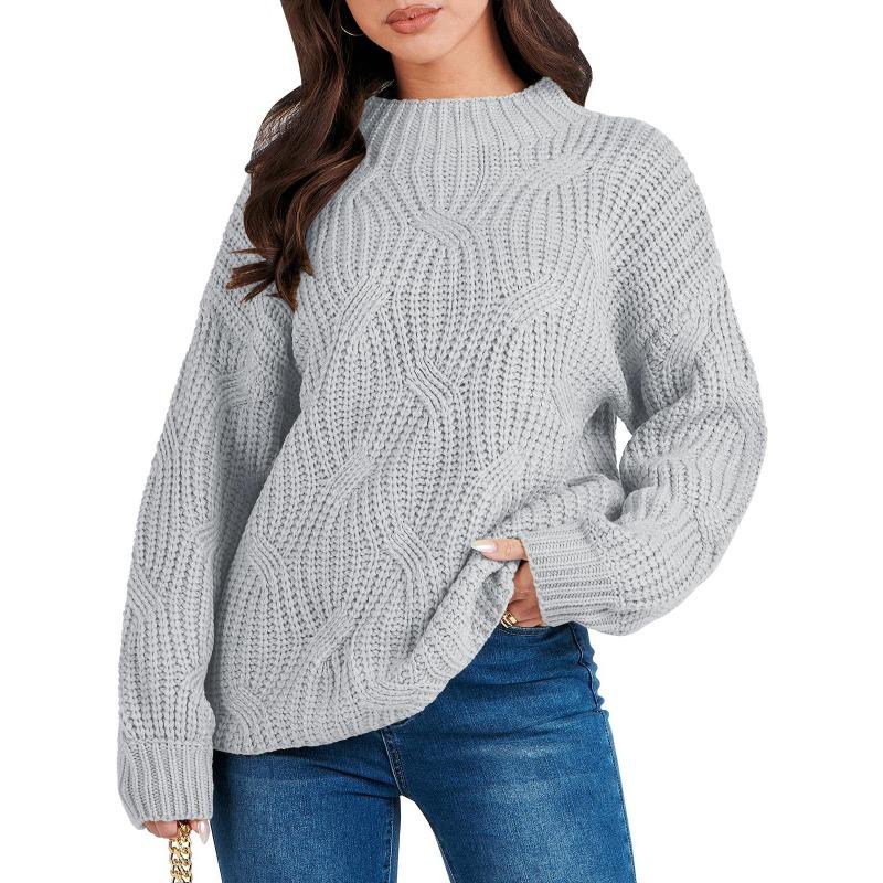 Autumn and Winter Women's Plus Size Drop Shoulder Loose Casual Stranded Knit Pullover Sweater