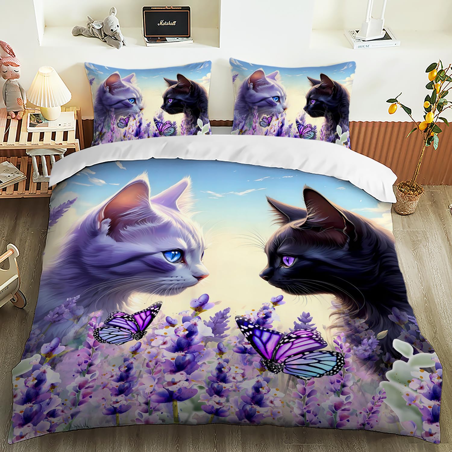 

Cat And Butterfly Duvet Cover Sets Lightweight Quilt Cover With 2 Pillowcases Colorful Butterfly Animal Pet Theme Bedding Sets EU Single(135x200cm)