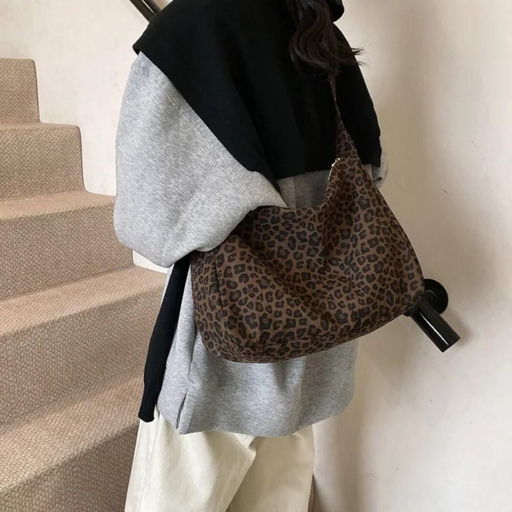 Casual Soft Textile Women's Shoulder Bag Large Capacity Adjustable Strap Leopard Print Bag Tote Handbag