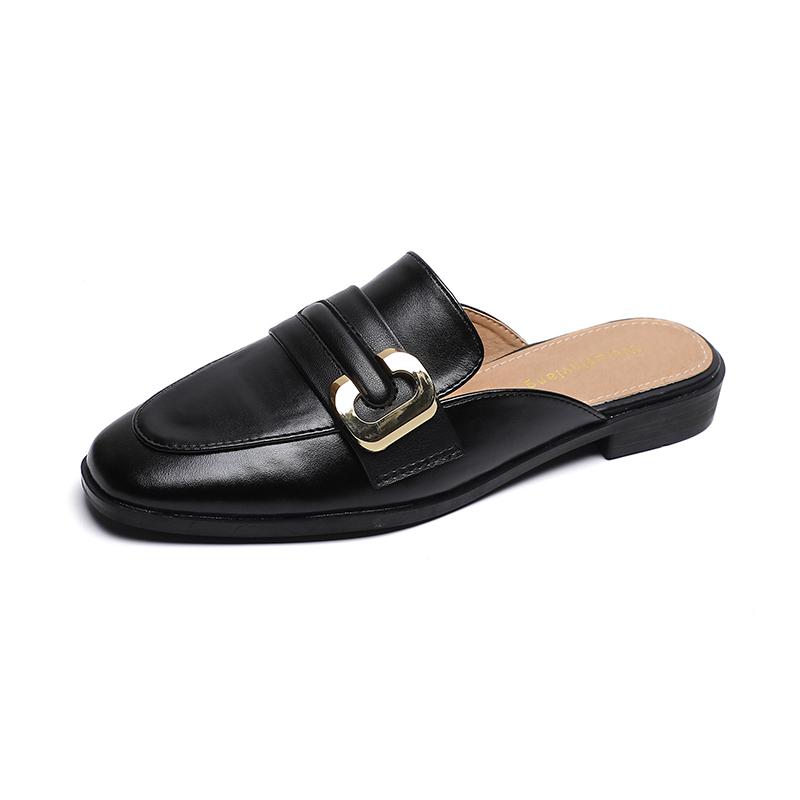 Fashion 2024 Spring New Women's Mules Outerwear Slippers Fashion Mules Metal Design British Style Flat Casual Shoes Banquet and Office