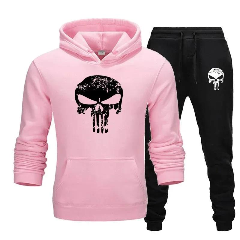 Worn-skull Men Hoodie & Jogger Set Front Vintage Scratched Skull Chest Print, Slim Bone Mark on Trousers, Thick Fleece Outfit for Outdoor Day Trips