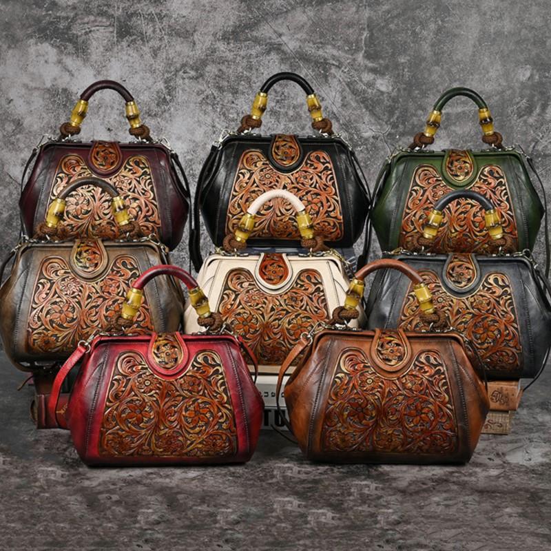 Johnature Luxury Handbag Vintage Handmade Leather Carved Women Bag Versatile Female Shoulder & Crossbody Bags