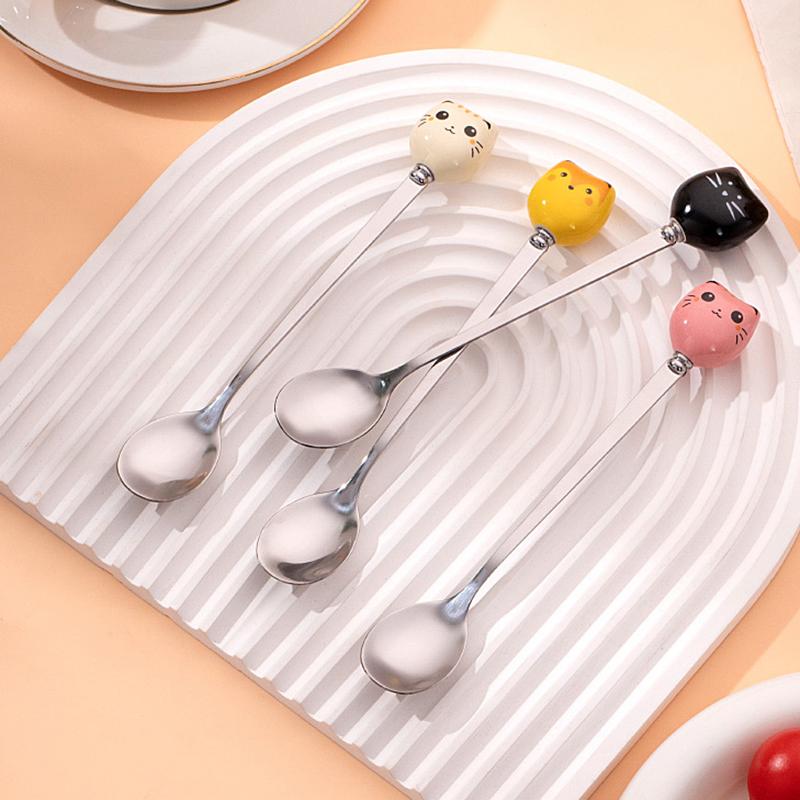 Coffee And Dessert Spoons Flatware Kitchen Tools Ice Cream Cartoon Stirring Spoon Stainless Steel Long Cat Handle Ceramic Spoon