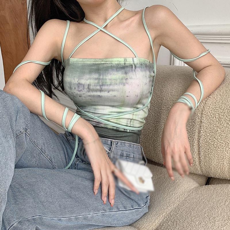Women's Tie Dye Bandage Halter Slim Navel Exposed Camisole Tank Tops