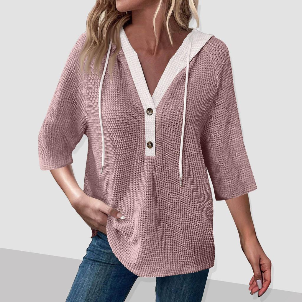 Women's Fashion Colour Block Sleeve Hooded Button V-Neck Casual Hooded Sweatshirt Top